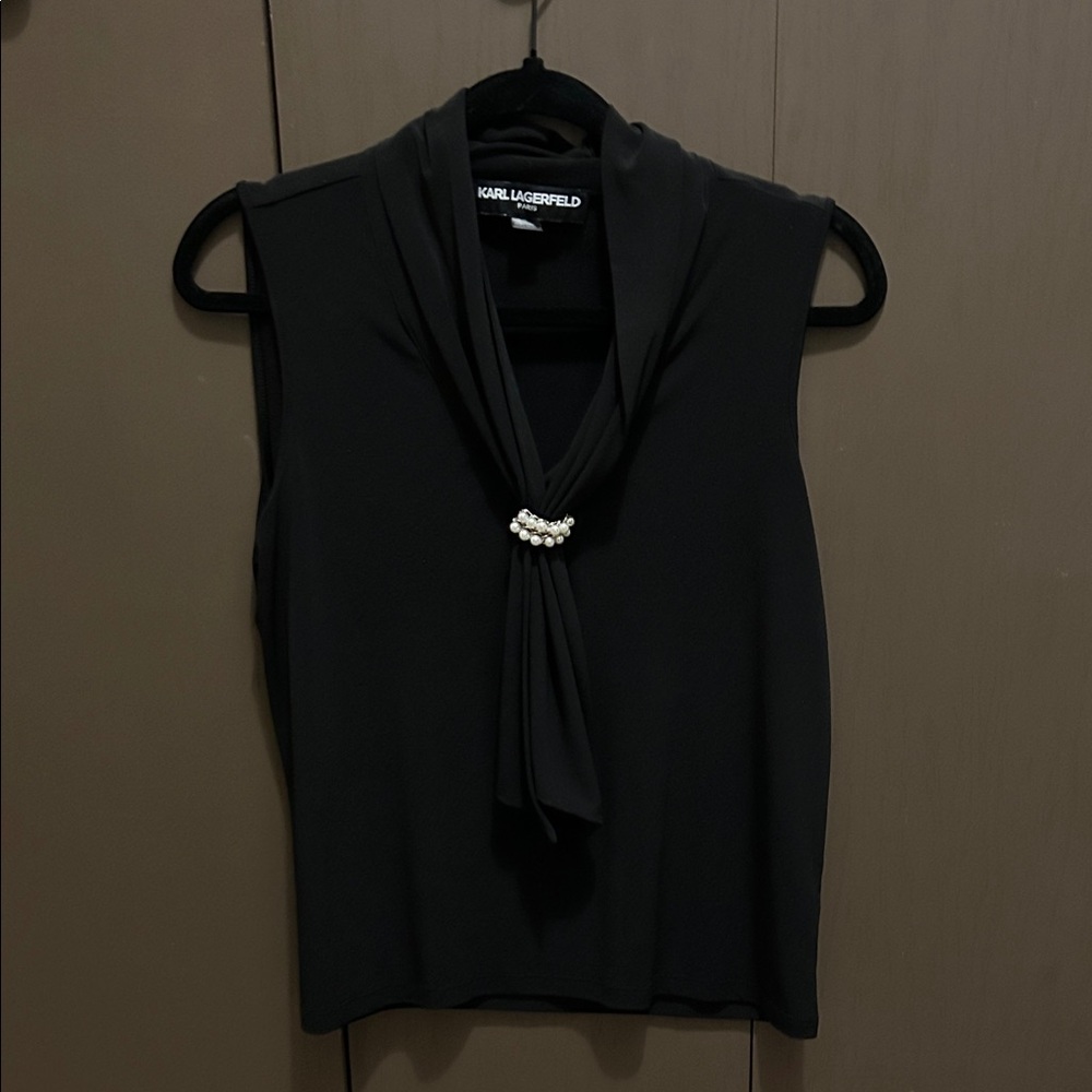 Karl Lagerfeld Black Top with Pearl Accent